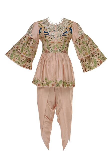 Buy Sonali Gupta Peach Blended Silk Round Embroidered Peplum Tunic And Dhoti Pant Set Online at Aza Fashions Buy_Sonali Gupta_Peach Blended Silk Round Embroidered Peplum Tunic And Dhoti Pant Set _Online_at_Aza_Fashions