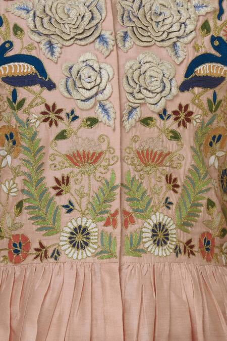 Sonali Gupta Peach Blended Silk Round Embroidered Peplum Tunic And Dhoti Pant Set at Aza Fashions Sonali Gupta_Peach Blended Silk Round Embroidered Peplum Tunic And Dhoti Pant Set _at_Aza_Fashions