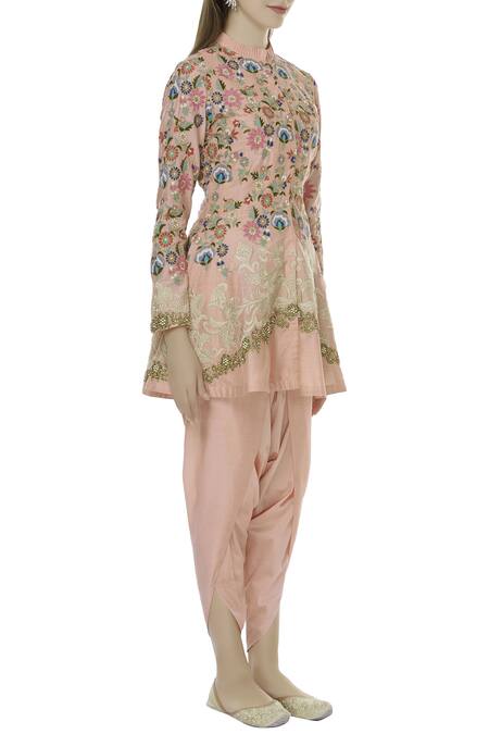 Sonali Gupta_Peach Blended Silk Mandarin Embroidered Peplum Tunic And Dhoti Pant Set  _Online_at_Aza_Fashions