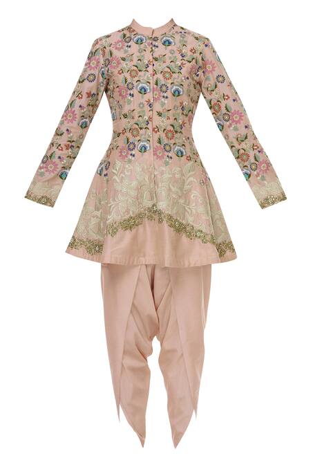Buy_Sonali Gupta_Peach Blended Silk Mandarin Embroidered Peplum Tunic And Dhoti Pant Set  _Online_at_Aza_Fashions