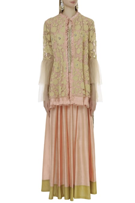 Sonali Gupta_Peach Blended Silk Jacket Embroidered Lehenga Set _Online_at_Aza_Fashions