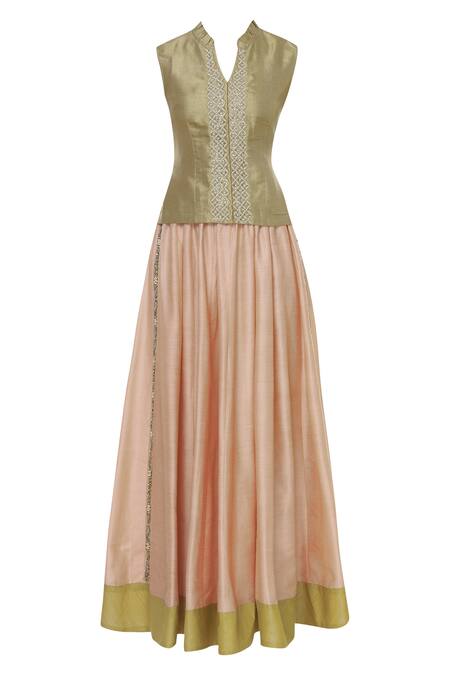 Buy_Sonali Gupta_Peach Blended Silk Jacket Embroidered Lehenga Set _Online_at_Aza_Fashions