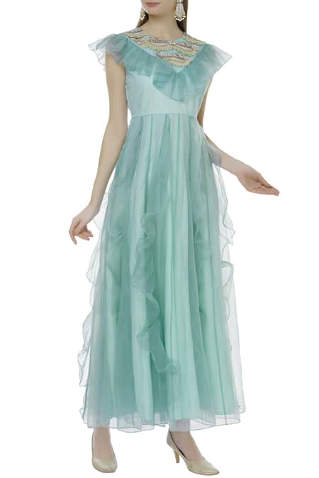 Sonali Gupta Blue Organza Round Neck Ruffle Anarkali Kurta  