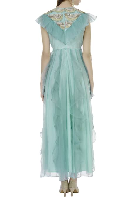 Shop Sonali Gupta Blue Organza Round Neck Ruffle Anarkali Kurta at Aza Fashions Shop_Sonali Gupta_Blue Organza Round Neck Ruffle Anarkali Kurta _at_Aza_Fashions