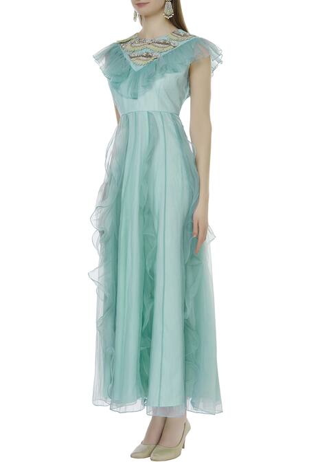 Buy Sonali Gupta Blue Organza Round Neck Ruffle Anarkali Kurta Online at Aza Fashions Buy_Sonali Gupta_Blue Organza Round Neck Ruffle Anarkali Kurta _Online_at_Aza_Fashions