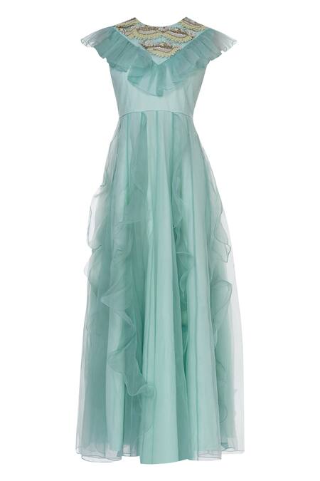 Shop Sonali Gupta Blue Organza Round Neck Ruffle Anarkali Kurta Online at Aza Fashions Shop_Sonali Gupta_Blue Organza Round Neck Ruffle Anarkali Kurta _Online_at_Aza_Fashions