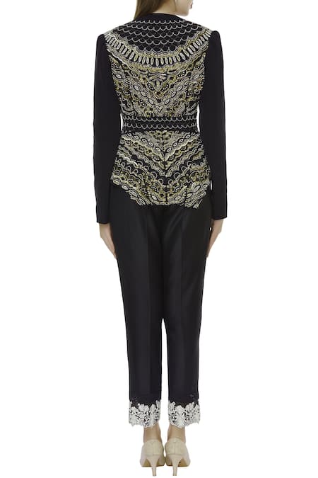 Shop Sonali Gupta Black Knitted Round Neck Embroidered Jacket And Pant Set at Aza Fashions Shop_Sonali Gupta_Black Knitted Round Neck Embroidered Jacket And Pant Set _at_Aza_Fashions