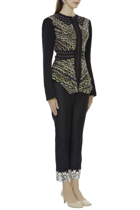 Sonali Gupta Black Knitted Round Neck Embroidered Jacket And Pant Set Online at Aza Fashions Sonali Gupta_Black Knitted Round Neck Embroidered Jacket And Pant Set _Online_at_Aza_Fashions