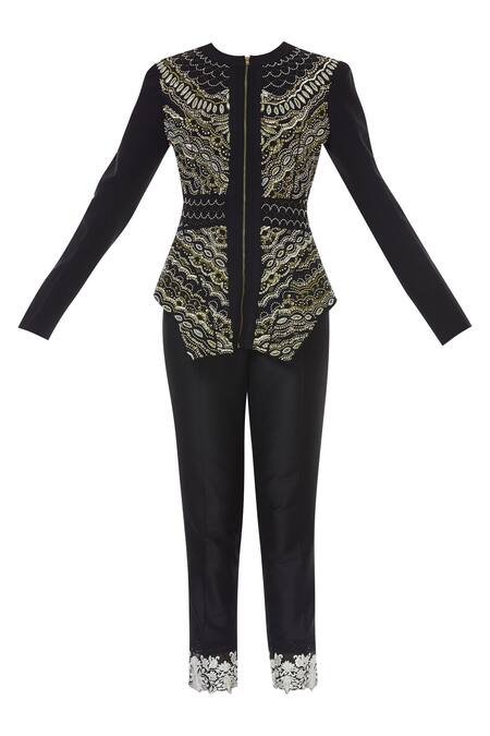 Buy Sonali Gupta Black Knitted Round Neck Embroidered Jacket And Pant Set Online at Aza Fashions Buy_Sonali Gupta_Black Knitted Round Neck Embroidered Jacket And Pant Set _Online_at_Aza_Fashions