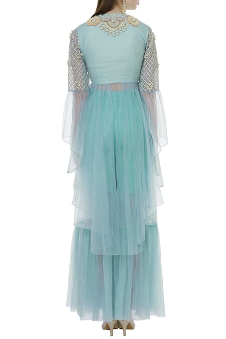 Shop Sonali Gupta Blue Organza Round Neck Asymmetric Kurta And Sharara Set at Aza Fashions Shop_Sonali Gupta_Blue Organza Round Neck Asymmetric Kurta And Sharara Set _at_Aza_Fashions