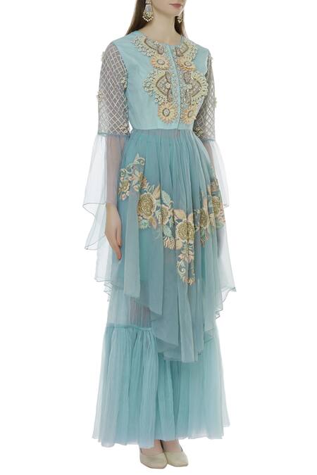 Sonali Gupta Blue Organza Round Neck Asymmetric Kurta And Sharara Set Online at Aza Fashions Sonali Gupta_Blue Organza Round Neck Asymmetric Kurta And Sharara Set _Online_at_Aza_Fashions