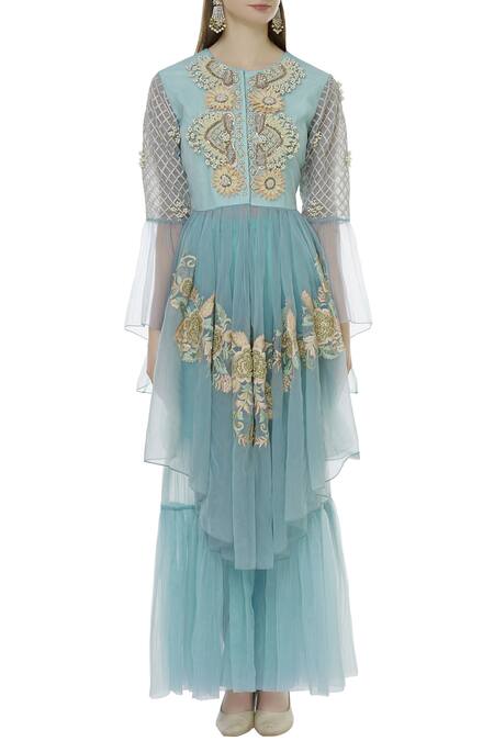 Buy Sonali Gupta Blue Organza Round Neck Asymmetric Kurta And Sharara Set Online at Aza Fashions Buy_Sonali Gupta_Blue Organza Round Neck Asymmetric Kurta And Sharara Set _Online_at_Aza_Fashions