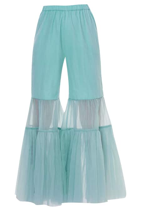 Shop Sonali Gupta Blue Organza Round Neck Asymmetric Kurta And Sharara Set Online at Aza Fashions Shop_Sonali Gupta_Blue Organza Round Neck Asymmetric Kurta And Sharara Set _Online_at_Aza_Fashions