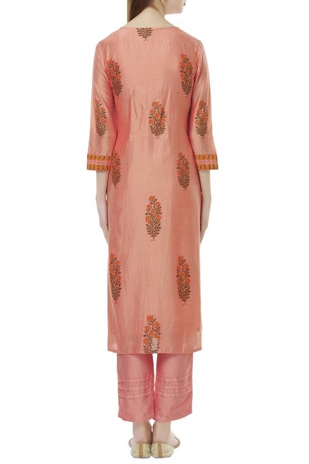 Shop_Samyukta Singhania_Peach Cotton Silk Chanderi Block Print Kurta Set_at_Aza_Fashions