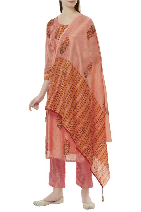 Samyukta Singhania_Peach Cotton Silk Chanderi Block Print Kurta Set_Online_at_Aza_Fashions