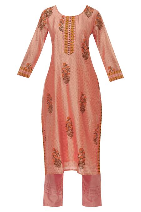 Buy_Samyukta Singhania_Peach Cotton Silk Chanderi Block Print Kurta Set_Online_at_Aza_Fashions