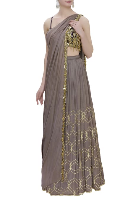 Salian By Anushree Grey Modal Satin Sweetheart Neck Foil Print Lehenga Set 