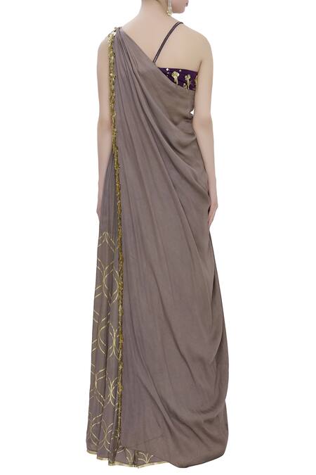 Shop Salian By Anushree Grey Modal Satin Sweetheart Neck Foil Print Lehenga Set at Aza Fashions Shop_Salian By Anushree_Grey Modal Satin Sweetheart Neck Foil Print Lehenga Set_at_Aza_Fashions