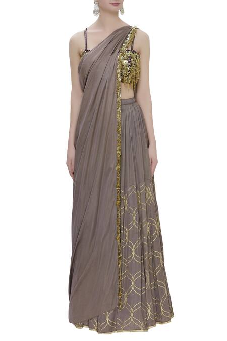 Salian By Anushree Grey Modal Satin Sweetheart Neck Foil Print Lehenga Set Online at Aza Fashions Salian By Anushree_Grey Modal Satin Sweetheart Neck Foil Print Lehenga Set_Online_at_Aza_Fashions