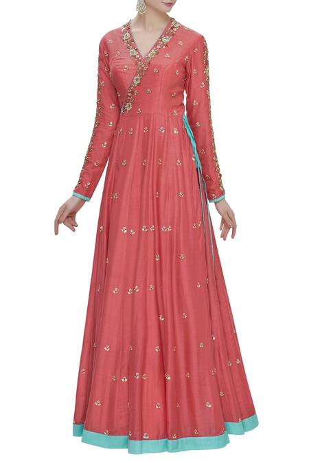 Salian By Anushree_Peach Voil Silk V- Neckline Embroidered Anarkali _Online_at_Aza_Fashions