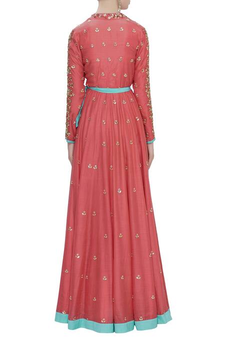 Shop_Salian By Anushree_Peach Voil Silk V- Neckline Embroidered Anarkali _at_Aza_Fashions