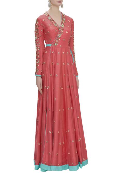 Buy_Salian By Anushree_Peach Voil Silk V- Neckline Embroidered Anarkali _Online_at_Aza_Fashions