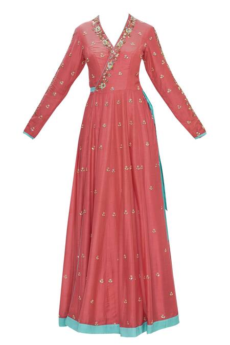 Shop_Salian By Anushree_Peach Voil Silk V- Neckline Embroidered Anarkali _Online_at_Aza_Fashions
