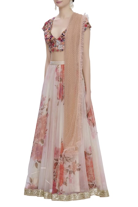 Divya Kanakia_Beige Organza Printed Lehenga Set _Online_at_Aza_Fashions