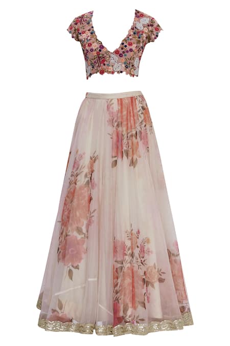 Buy_Divya Kanakia_Beige Organza Printed Lehenga Set _Online_at_Aza_Fashions