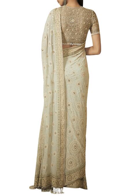 Shop_Tarun Tahiliani_Blue Georgette Round Neck Embroidered Saree With Blouse _at_Aza_Fashions