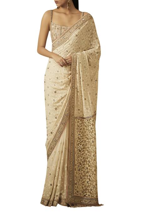 Buy_Tarun Tahiliani_Off White Georgette Square Neckline Embroidered Saree With Blouse _Online_at_Aza_Fashions