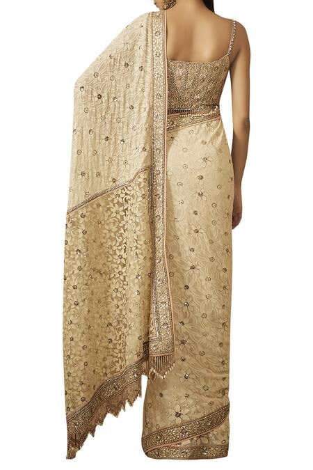 Shop_Tarun Tahiliani_Off White Georgette Square Neckline Embroidered Saree With Blouse _at_Aza_Fashions