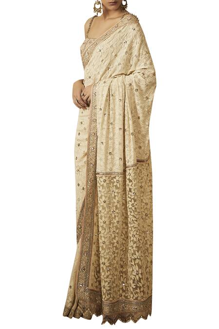 Tarun Tahiliani_Off White Georgette Square Neckline Embroidered Saree With Blouse _Online_at_Aza_Fashions