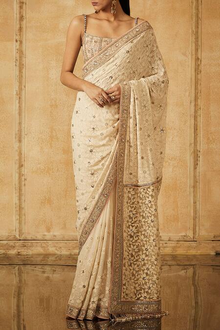 Tarun Tahiliani Off White Georgette Square Neckline Embroidered Saree With Blouse 