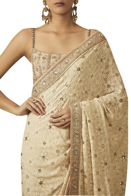 Shop_Tarun Tahiliani_Off White Georgette Square Neckline Embroidered Saree With Blouse _Online_at_Aza_Fashions