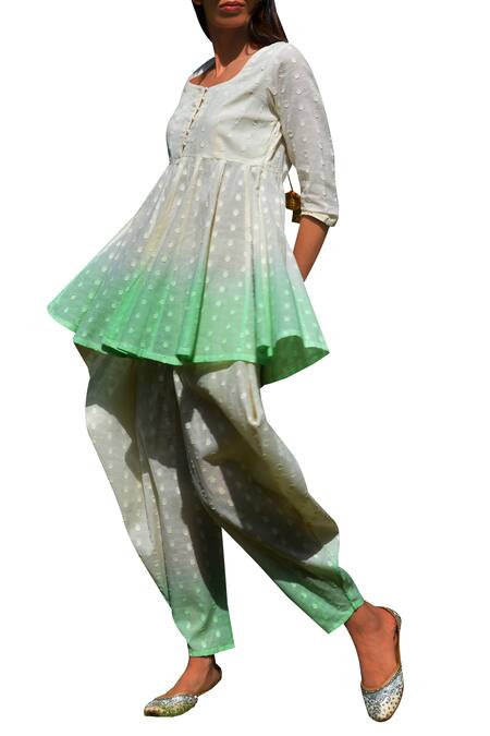 Ayinat_Green Cotton Round Textured Kurta With Draped Pants_Online_at_Aza_Fashions