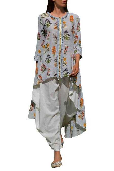 Ayinat White Slub Asymmetric Kurta With Draped Pants