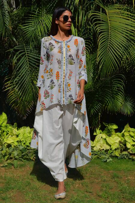 Buy_Ayinat_White Slub Asymmetric Kurta With Draped Pants_Online_at_Aza_Fashions