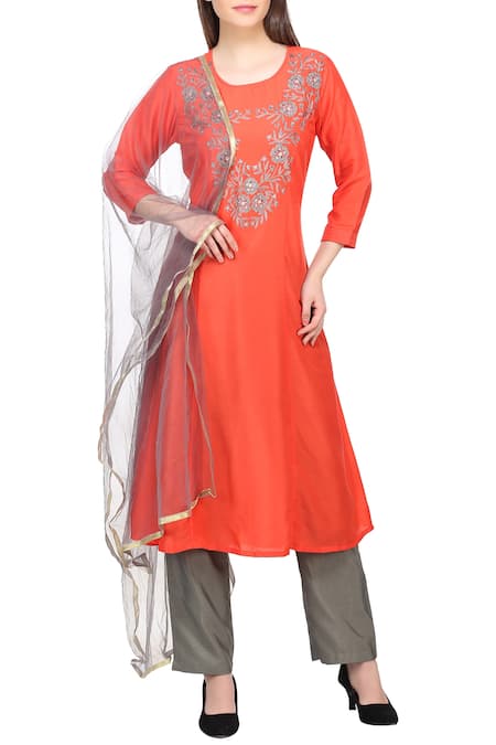 Khwaab by Sanjana Lakhani Orange Kurta Sushi Voilpant Poly Silkdupatta Net Round Neck Embroidered Set 