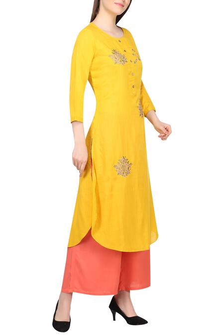 Samyukta Singhania_Yellow Rayon, Net Embroidery, Sequins Round Neck Floral Kurta Set_Online_at_Aza_Fashions
