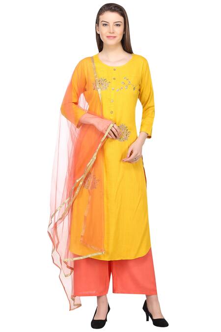 Buy_Samyukta Singhania_Yellow Rayon, Net Embroidery, Sequins Round Neck Floral Kurta Set_Online_at_Aza_Fashions