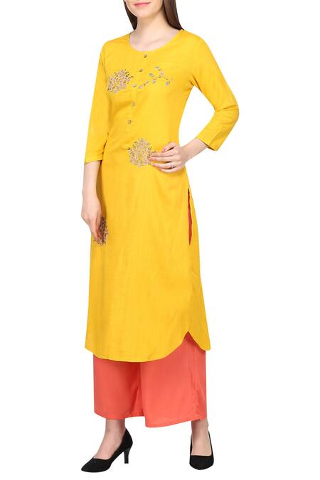 Shop_Samyukta Singhania_Yellow Rayon, Net Embroidery, Sequins Round Neck Floral Kurta Set_Online_at_Aza_Fashions