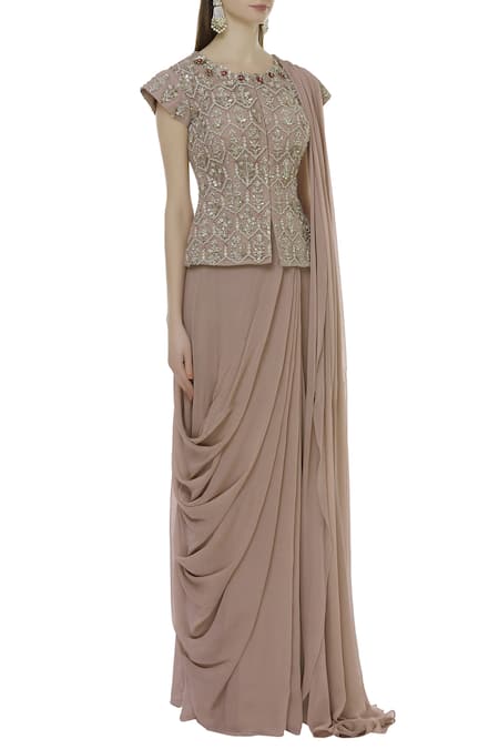 Bhumika Sharma_Brown Georgette Draped Skirt Saree With Blouse_Online_at_Aza_Fashions