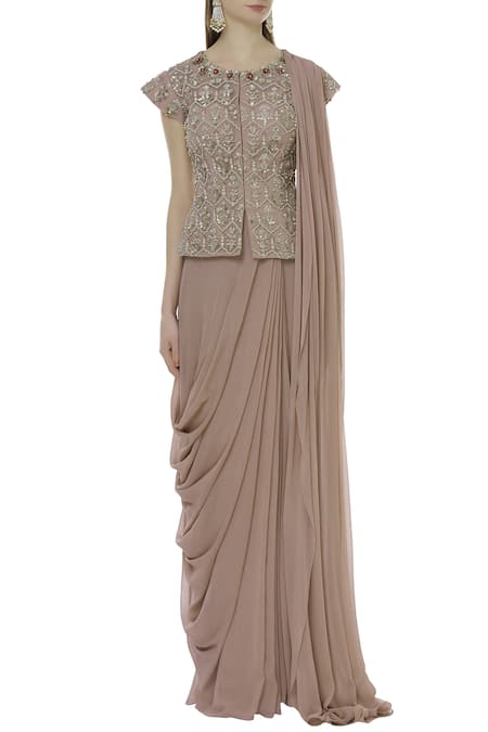 Buy_Bhumika Sharma_Brown Georgette Draped Skirt Saree With Blouse_Online_at_Aza_Fashions