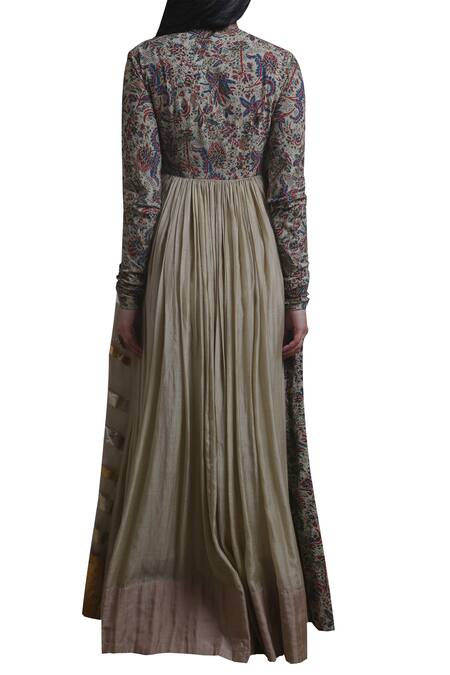 Shop_Divya Sheth_Off White Calico Round Chanderi Anarkali Kurta Set  _at_Aza_Fashions