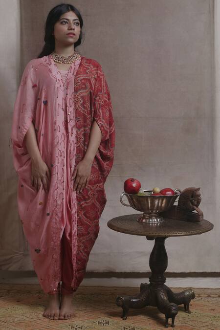 Divya Sheth_Pink Crepe Cape Open Printed And Dhoti Pant Set _Online_at_Aza_Fashions