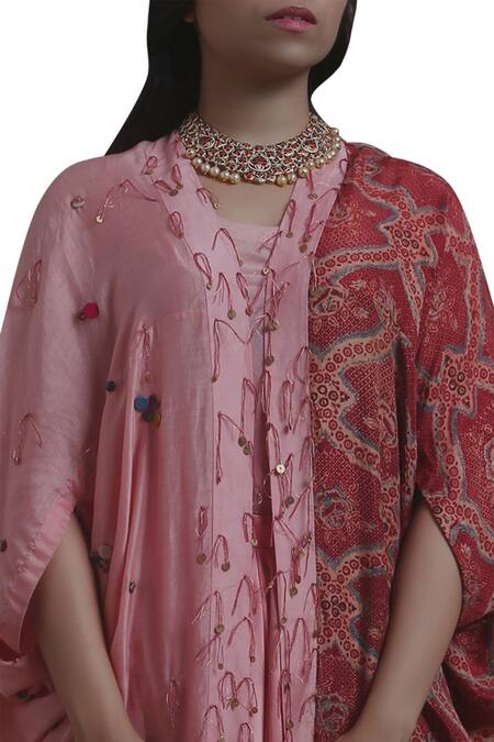 Buy_Divya Sheth_Pink Crepe Cape Open Printed And Dhoti Pant Set _Online_at_Aza_Fashions