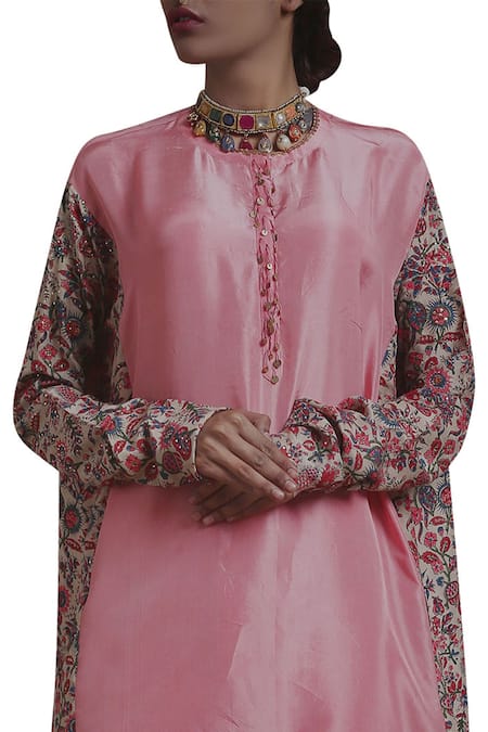 Buy_Divya Sheth_Pink Silk Round Paneled Printed Kurta Set _Online_at_Aza_Fashions