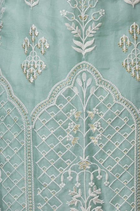 Aariyana Couture_Green Organza, Net, Georgette, Modal Embroidery V-neck Kurta Palazzo Set _at_Aza_Fashions