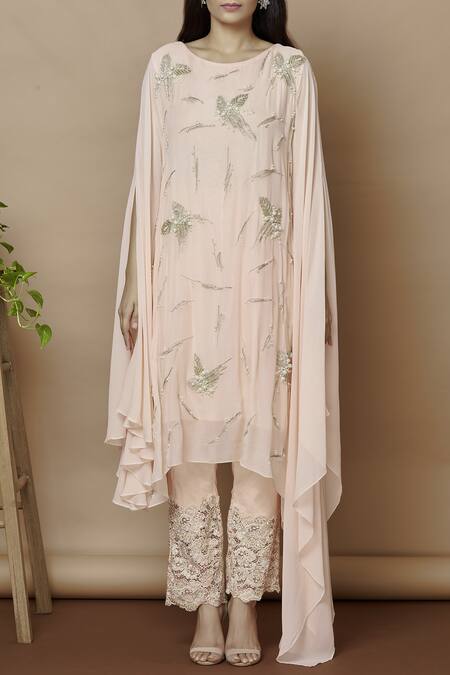 Aariyana Couture_Peach Georgette, Cotton, Lycra Embroidery Round Neck Kurta With Pants_Online_at_Aza_Fashions